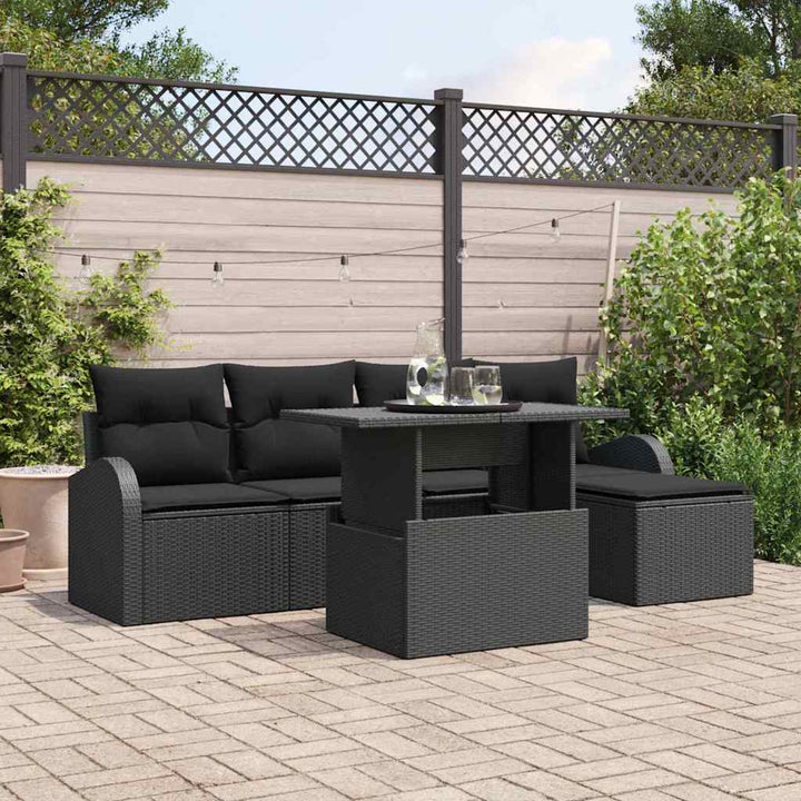 Havesofa Sæt med pude med opbevaring 6 pcs Sort Poly rattan