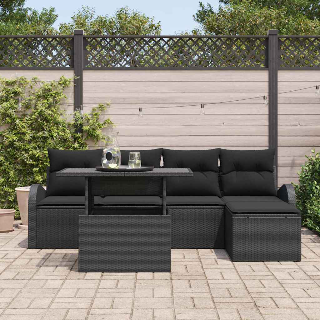 Havesofa Sæt med pude med opbevaring 6 pcs Sort Poly rattan
