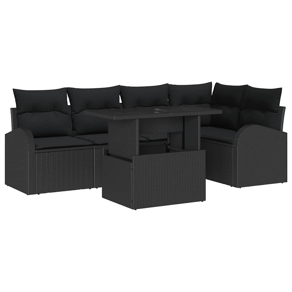 Havesofa Sæt med pude med opbevaring 6 pcs Sort Poly rattan