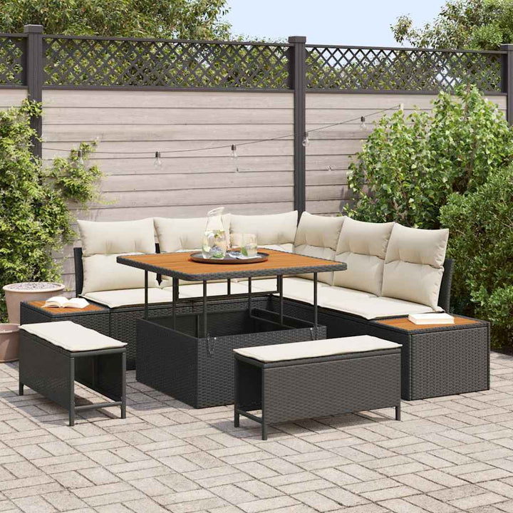 Havesofa Sæt med pude med opbevaring 8 pcs Sort Poly rattan