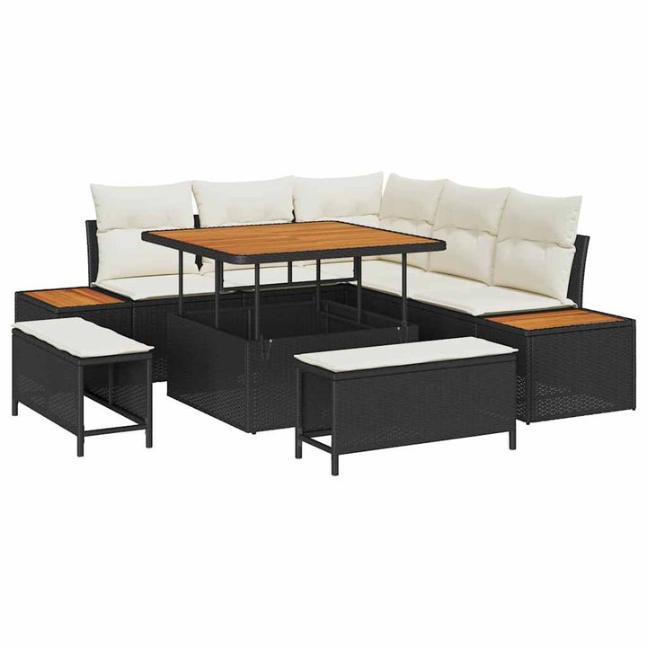 Havesofa Sæt med pude med opbevaring 8 pcs Sort Poly rattan