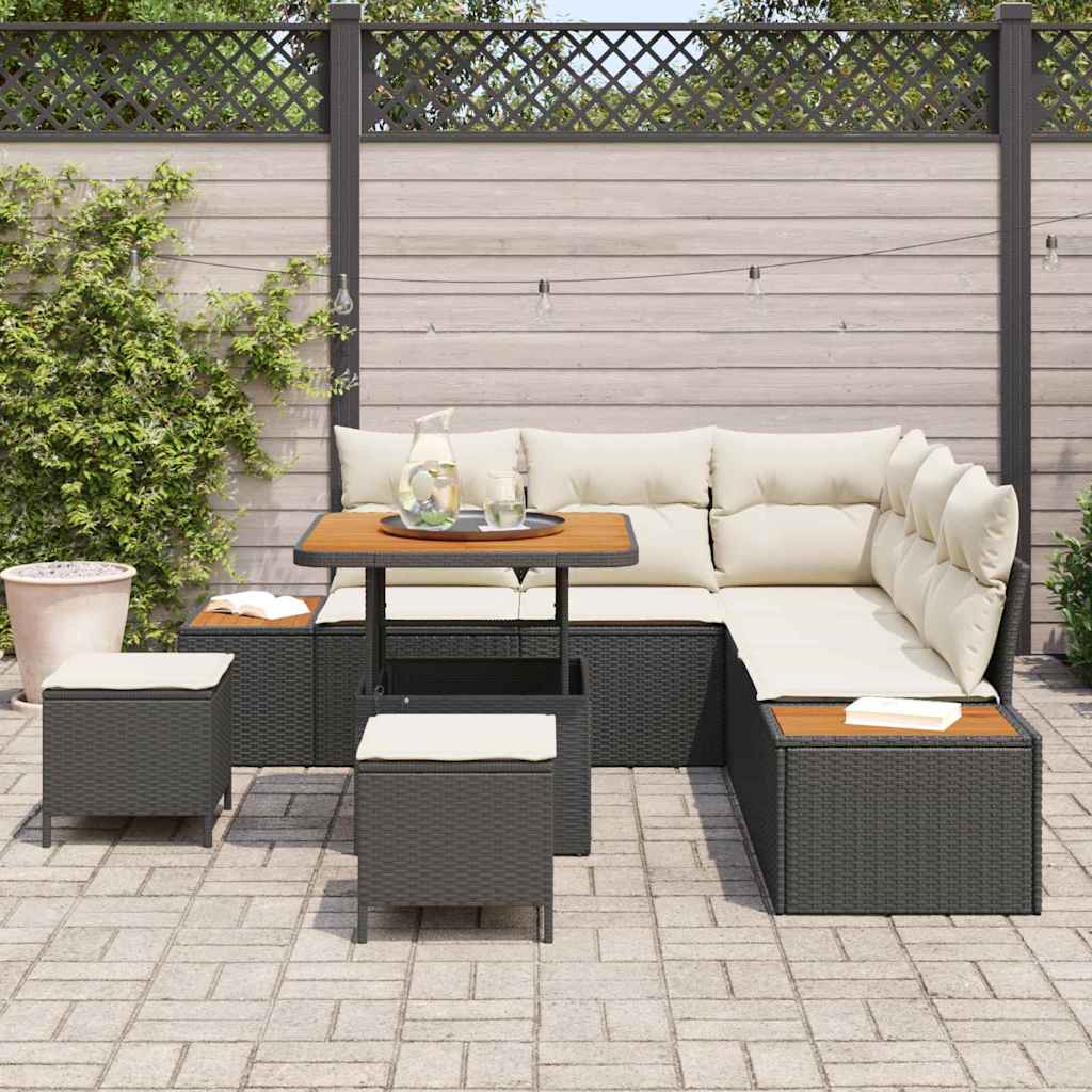 Havesofa Sæt med pude med opbevaring 8 pcs Sort Poly rattan