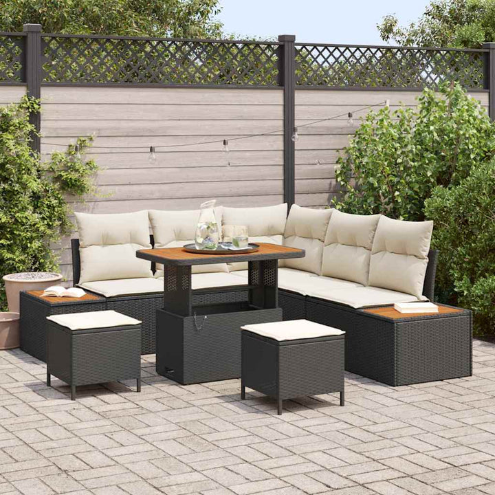 Havesofa Sæt med pude med opbevaring 8 pcs Sort Poly rattan