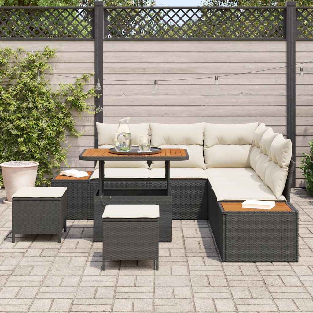 Havesofa Sæt med pude med opbevaring 8 pcs Sort Poly rattan