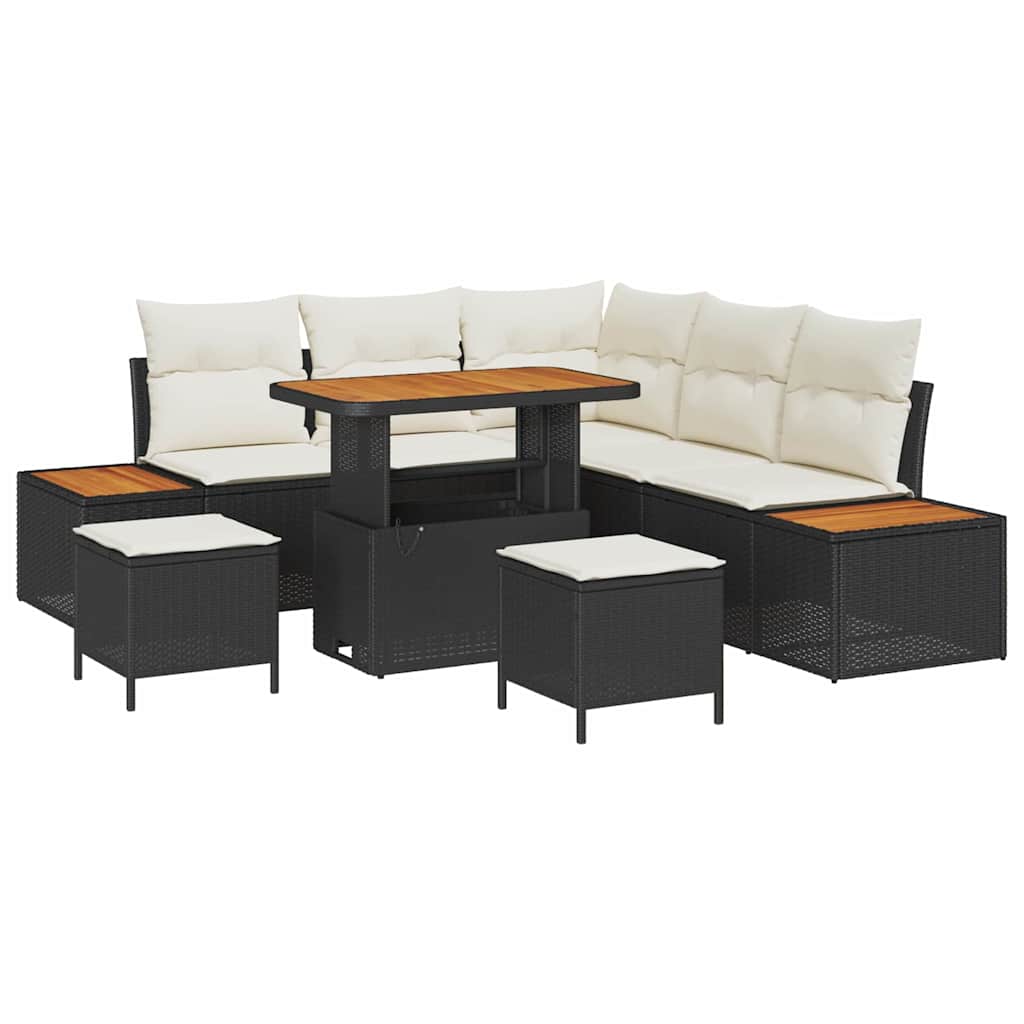Havesofa Sæt med pude med opbevaring 8 pcs Sort Poly rattan