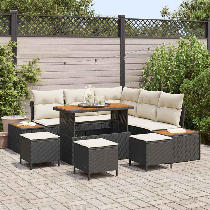 Havesofa Sæt med pude med opbevaring 9 pcs Sort Poly rattan