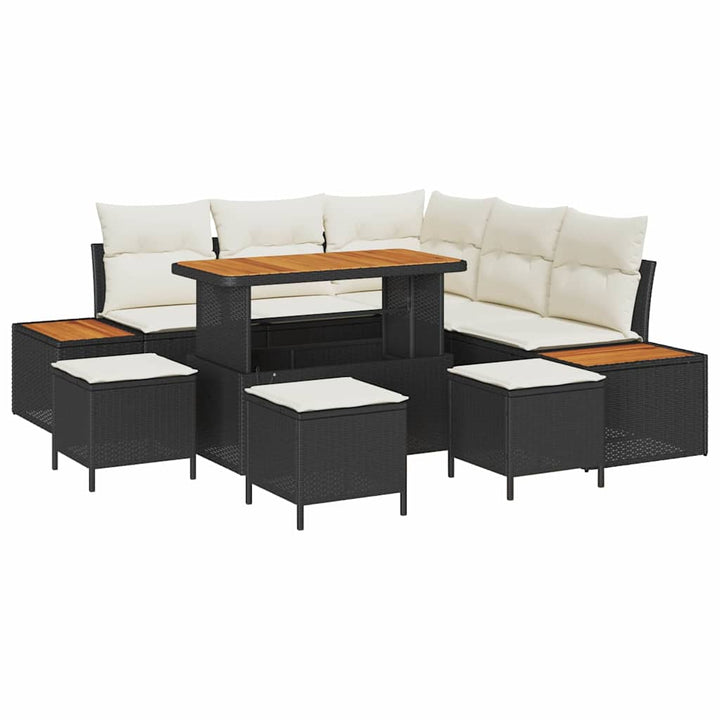 Havesofa Sæt med pude med opbevaring 9 pcs Sort Poly rattan