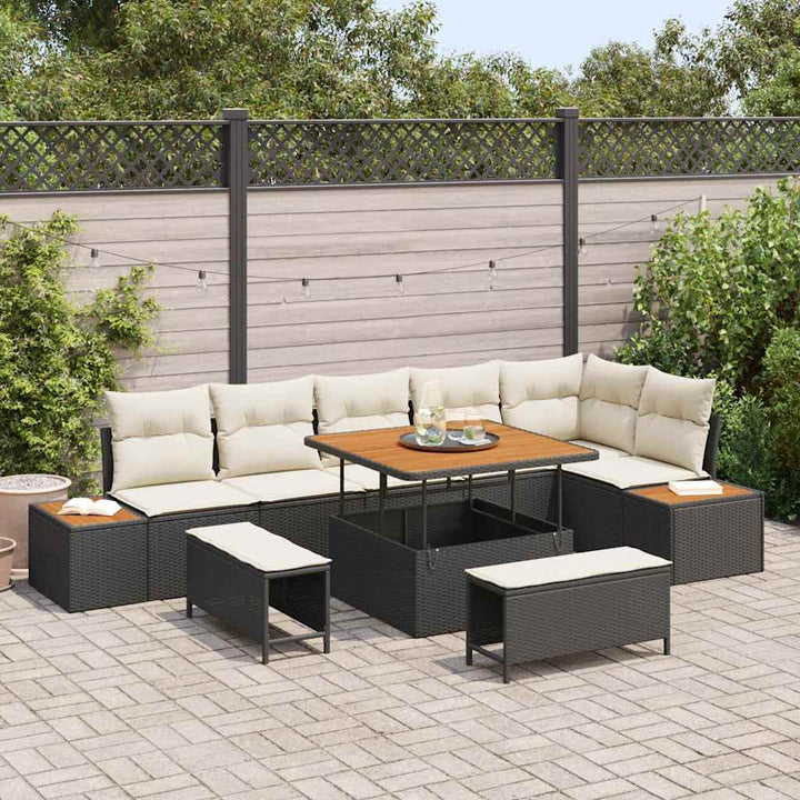 Havesofa Sæt med pude med opbevaring 9 pcs Sort Poly rattan