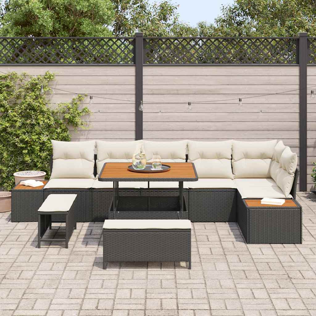 Havesofa Sæt med pude med opbevaring 9 pcs Sort Poly rattan