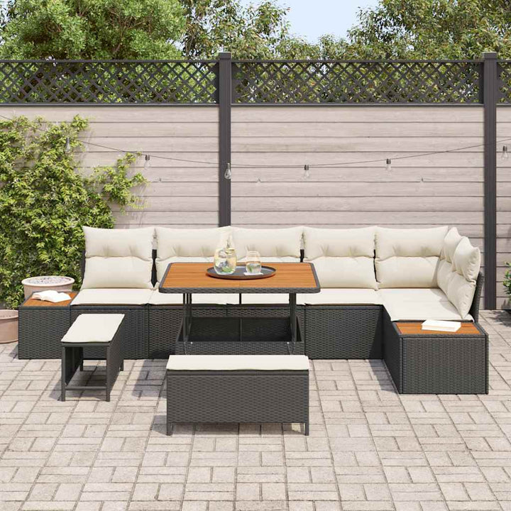 Havesofa Sæt med pude med opbevaring 9 pcs Sort Poly rattan