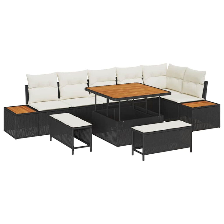 Havesofa Sæt med pude med opbevaring 9 pcs Sort Poly rattan