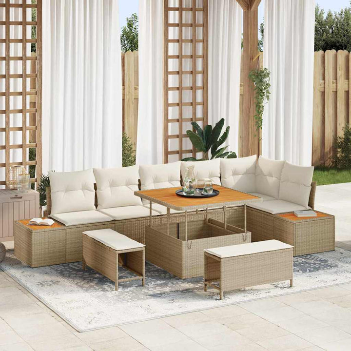 Havesofa Sæt med pude med opbevaring 9 pcs Beige Poly rattan