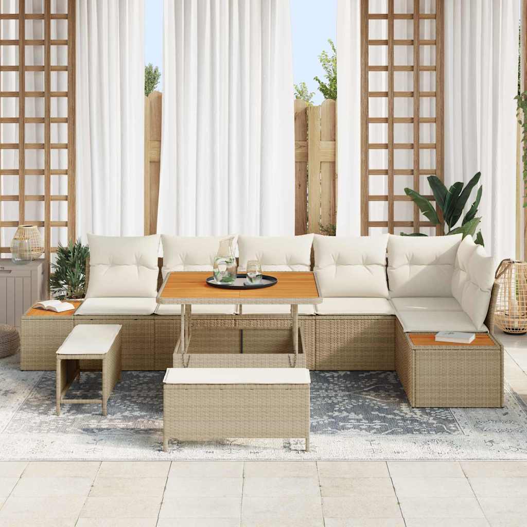 Havesofa Sæt med pude med opbevaring 9 pcs Beige Poly rattan