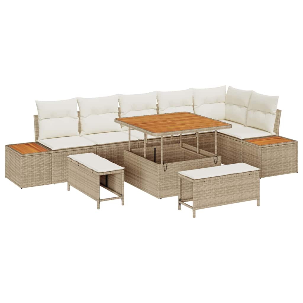Havesofa Sæt med pude med opbevaring 9 pcs Beige Poly rattan