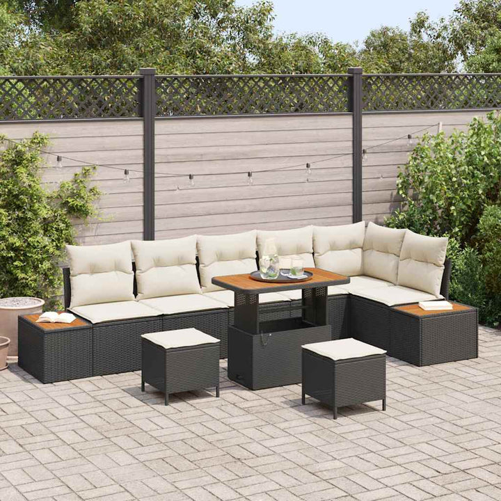 Havesofa Sæt med pude med opbevaring 9 pcs Sort Poly rattan