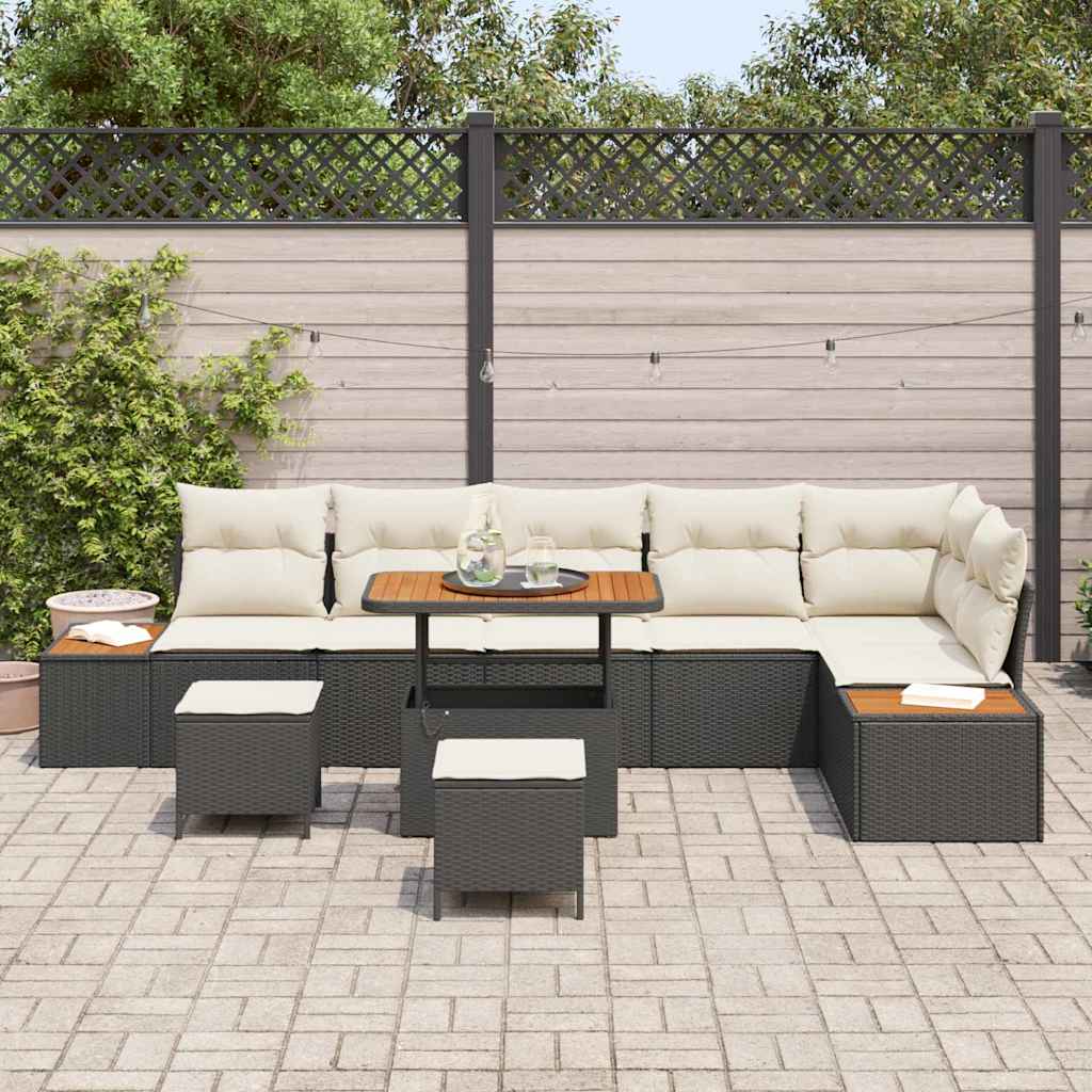 Havesofa Sæt med pude med opbevaring 9 pcs Sort Poly rattan