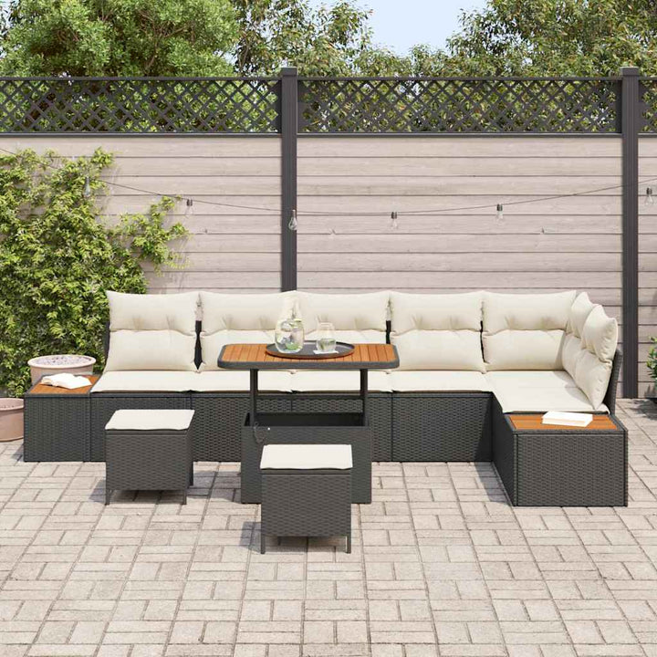 Havesofa Sæt med pude med opbevaring 9 pcs Sort Poly rattan
