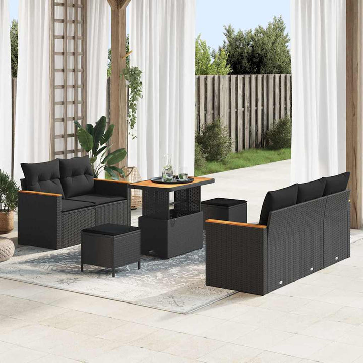 Havesofa Sæt med pude med opbevaring 8 pcs Sort Poly rattan