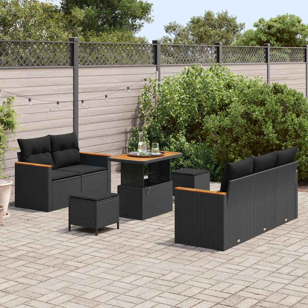 Havesofa Sæt med pude med opbevaring 8 pcs Sort Poly rattan