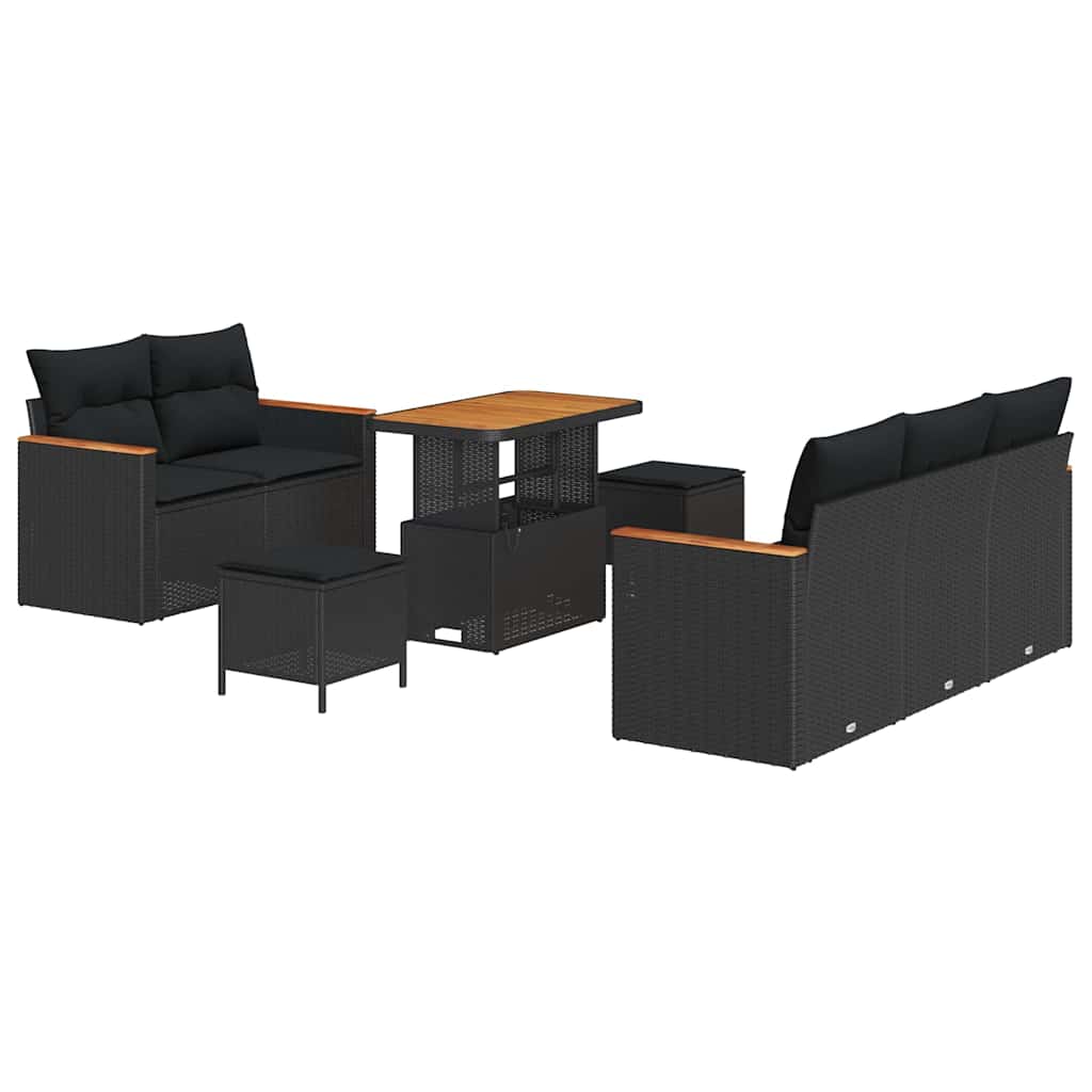 Havesofa Sæt med pude med opbevaring 8 pcs Sort Poly rattan