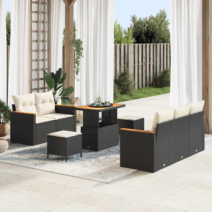 Havesofa Sæt med pude med opbevaring 8 pcs Sort Poly rattan