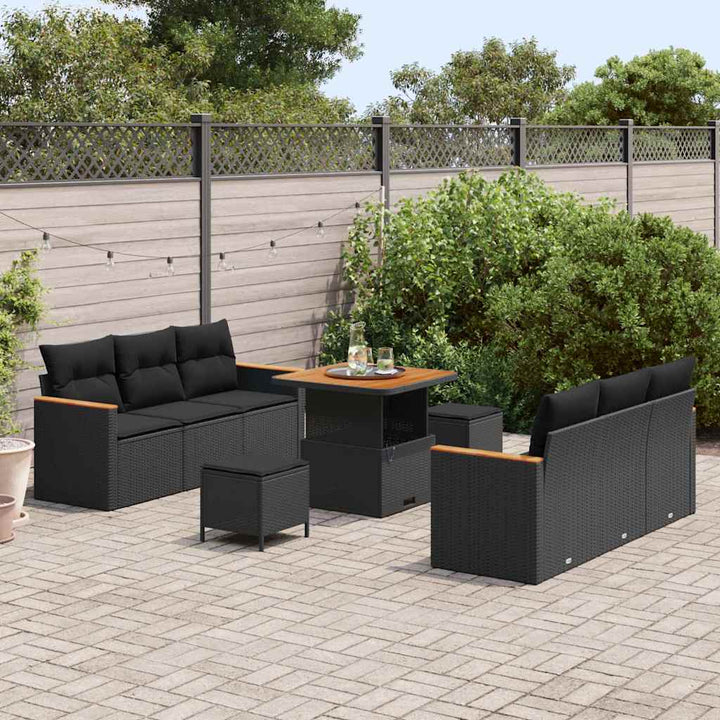 Havesofa Sæt med pude med opbevaring 9 pcs Sort Poly rattan