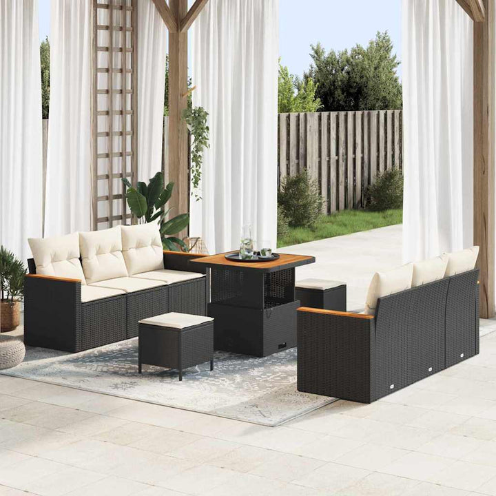 Havesofa Sæt med pude med opbevaring 9 pcs Sort Poly rattan