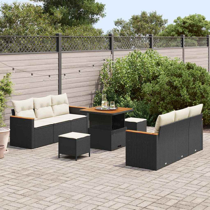 Havesofa Sæt med pude med opbevaring 9 pcs Sort Poly rattan