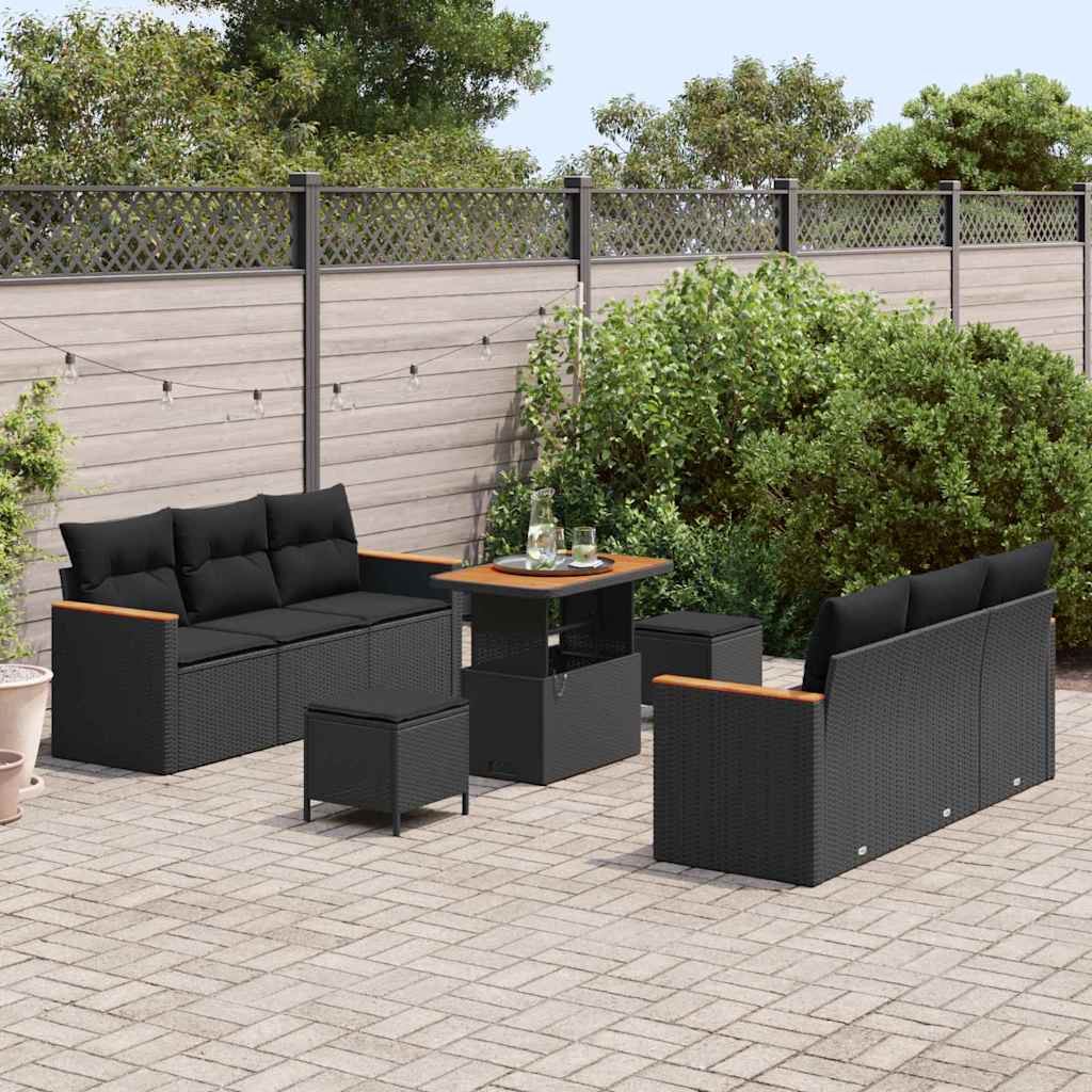 Havesofa Sæt med pude med opbevaring 9 pcs Sort Poly rattan