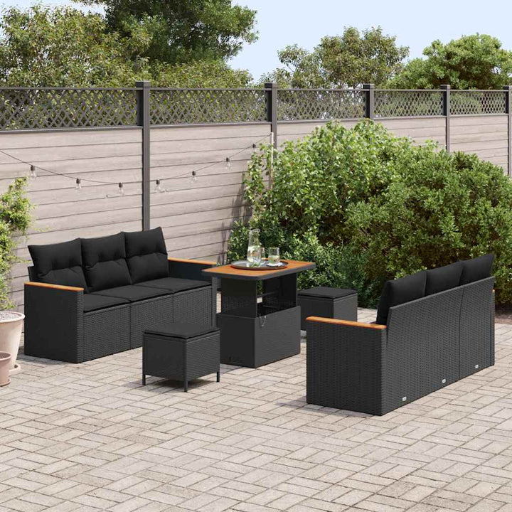 Havesofa Sæt med pude med opbevaring 9 pcs Sort Poly rattan