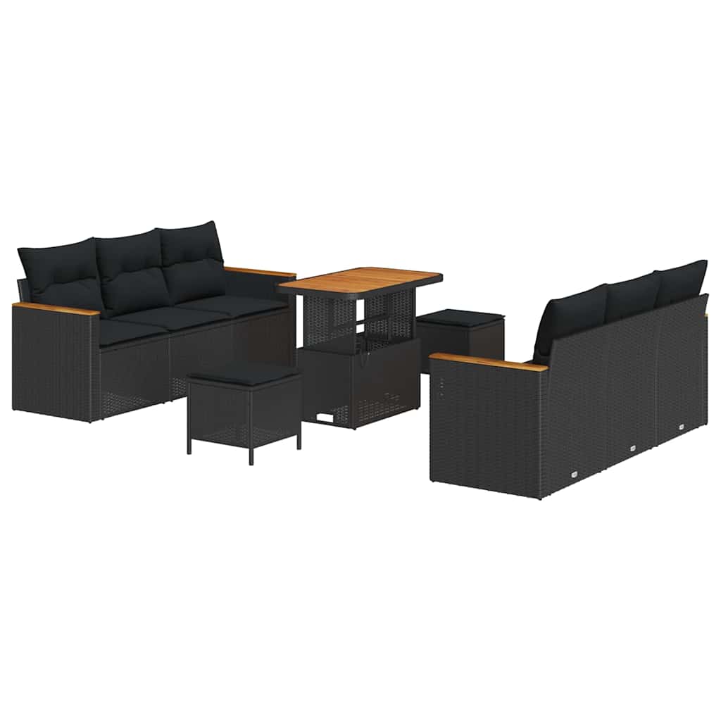 Havesofa Sæt med pude med opbevaring 9 pcs Sort Poly rattan