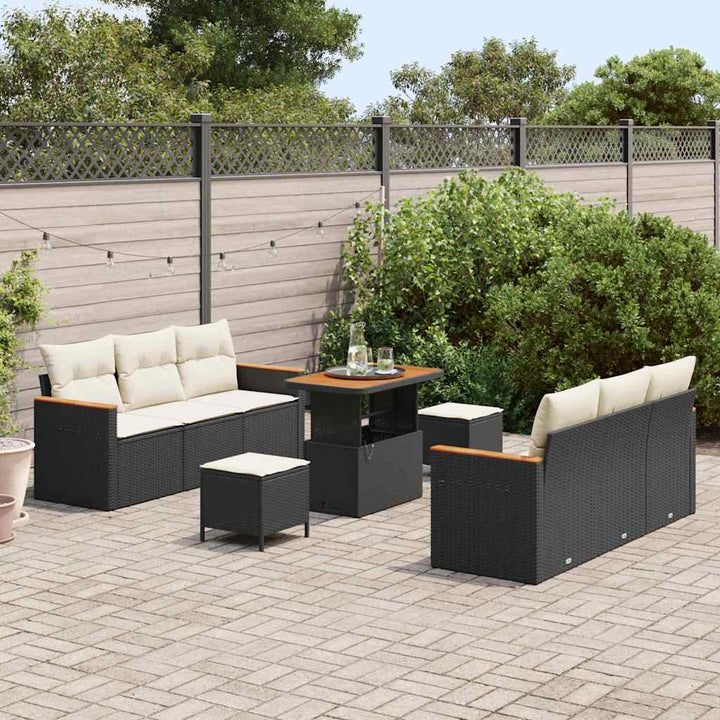Havesofa Sæt med pude med opbevaring 9 pcs Sort Poly rattan