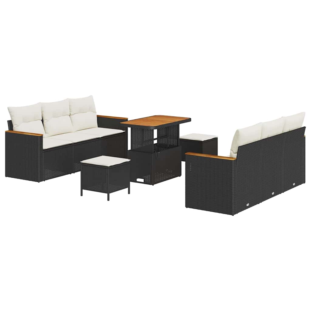 Havesofa Sæt med pude med opbevaring 9 pcs Sort Poly rattan
