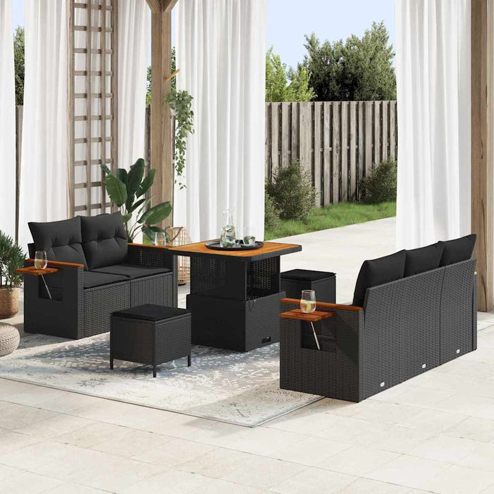 Havesofa Sæt med pude med opbevaring 8 pcs Sort Poly rattan