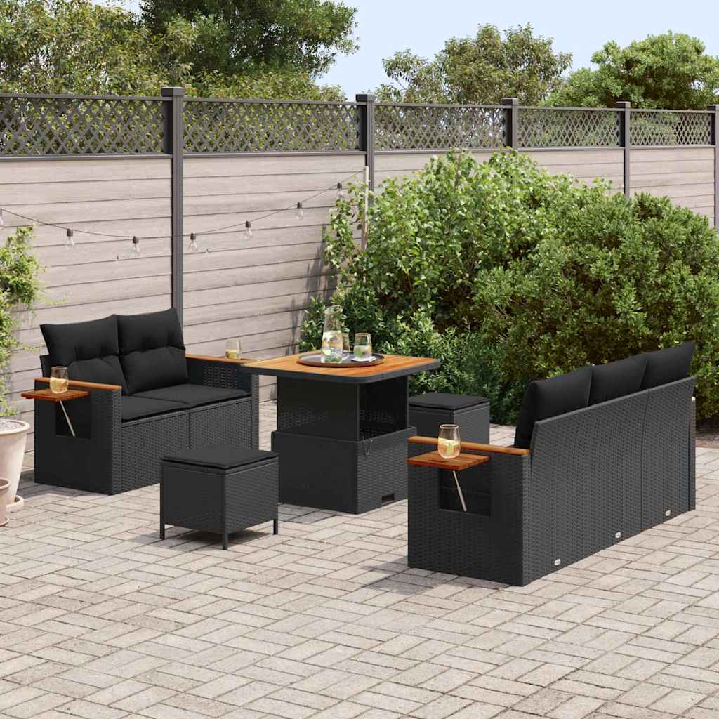 Havesofa Sæt med pude med opbevaring 8 pcs Sort Poly rattan