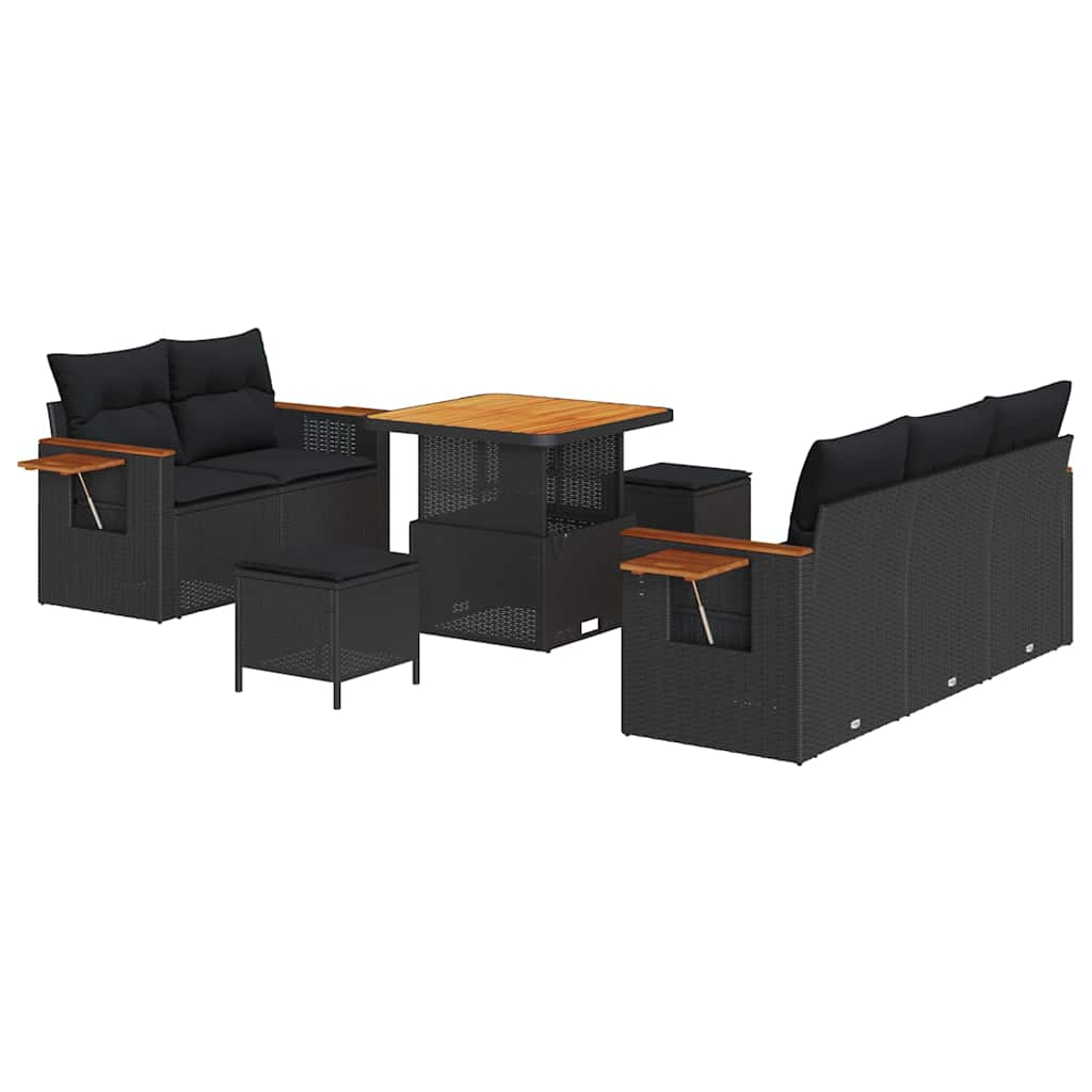 Havesofa Sæt med pude med opbevaring 8 pcs Sort Poly rattan