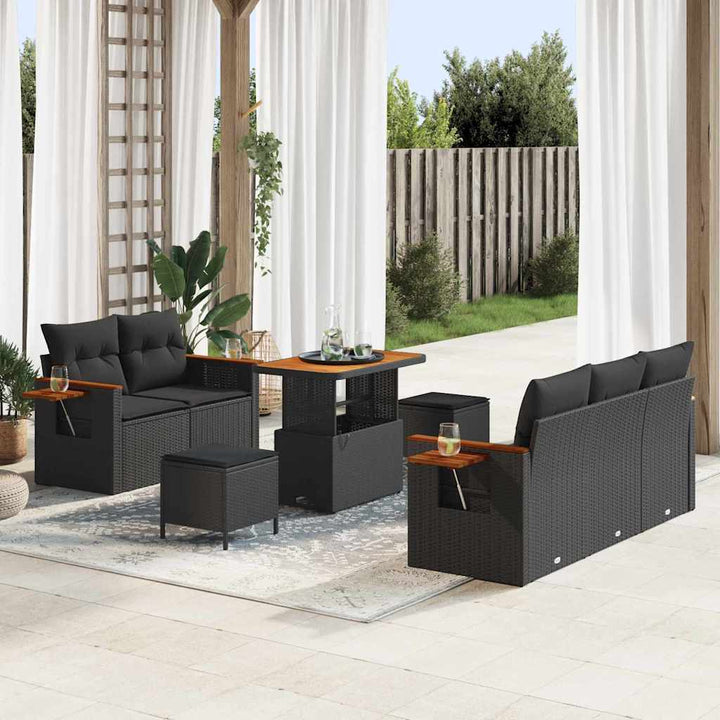 Havesofa Sæt med pude med opbevaring 8 pcs Sort Poly rattan