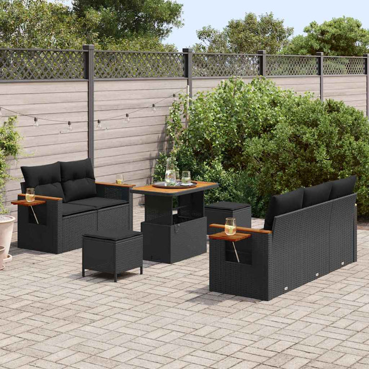 Havesofa Sæt med pude med opbevaring 8 pcs Sort Poly rattan