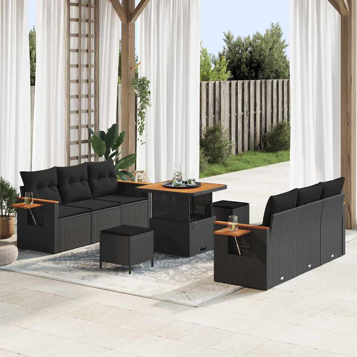 Havesofa Sæt med pude med opbevaring 9 pcs Sort Poly rattan