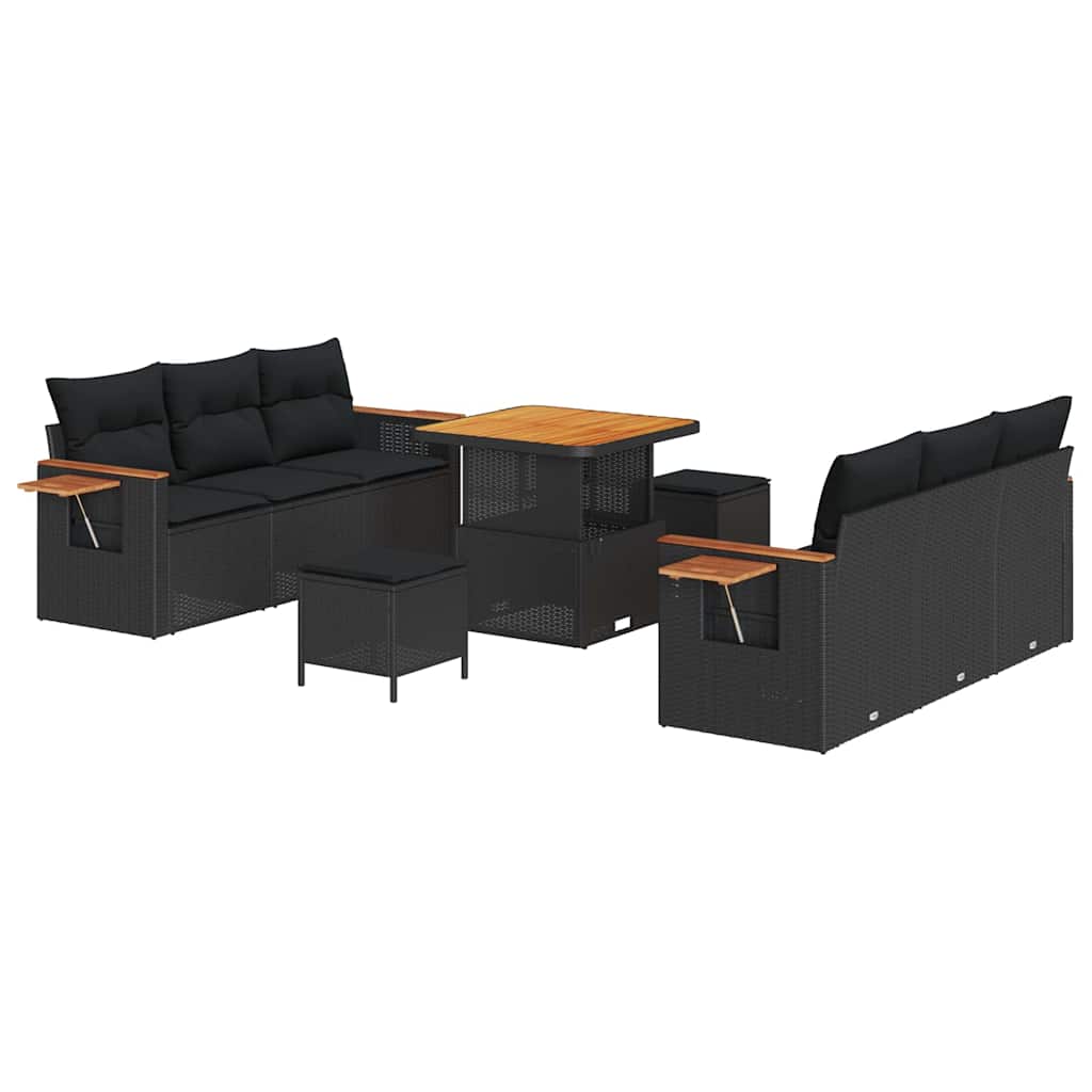 Havesofa Sæt med pude med opbevaring 9 pcs Sort Poly rattan