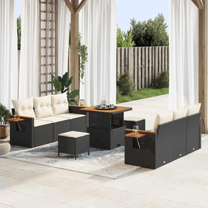 Havesofa Sæt med pude med opbevaring 9 pcs Sort Poly rattan