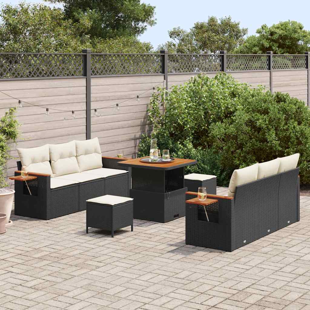 Havesofa Sæt med pude med opbevaring 9 pcs Sort Poly rattan