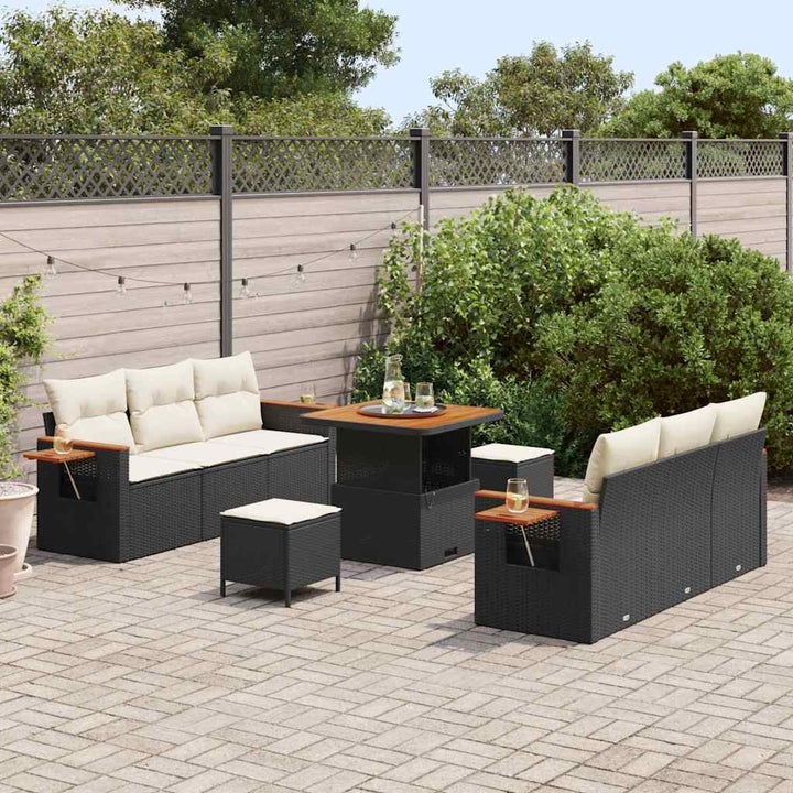 Havesofa Sæt med pude med opbevaring 9 pcs Sort Poly rattan