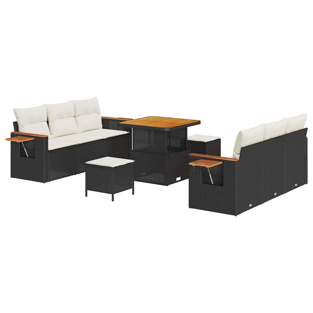 Havesofa Sæt med pude med opbevaring 9 pcs Sort Poly rattan