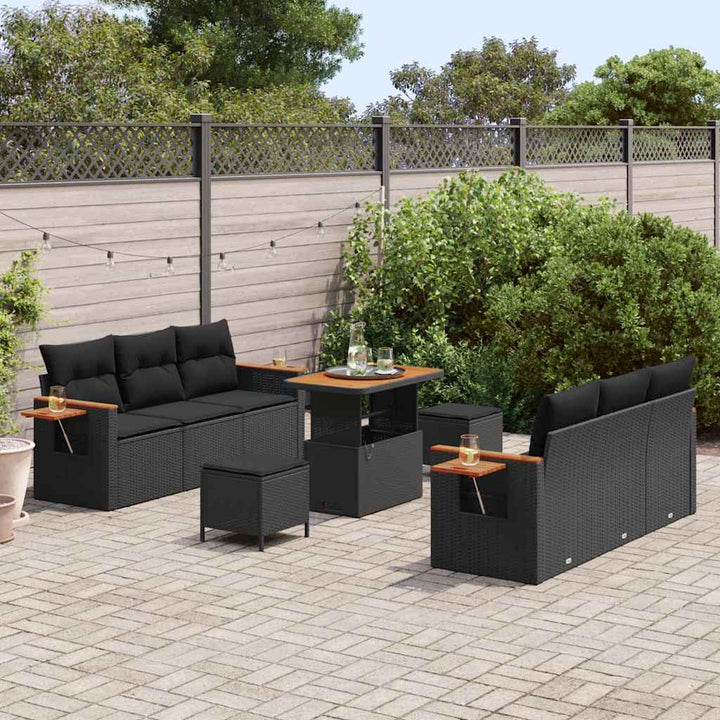 Havesofa Sæt med pude med opbevaring 9 pcs Sort Poly rattan