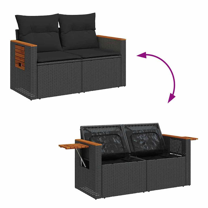 Havesofa Sæt med pude med opbevaring 9 pcs Sort Poly rattan