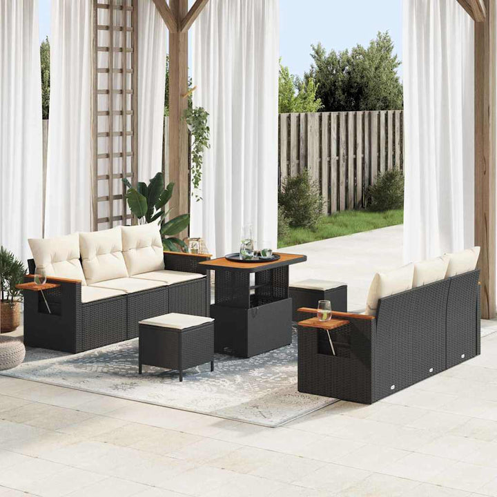 Havesofa Sæt med pude med opbevaring 9 pcs Sort Poly rattan