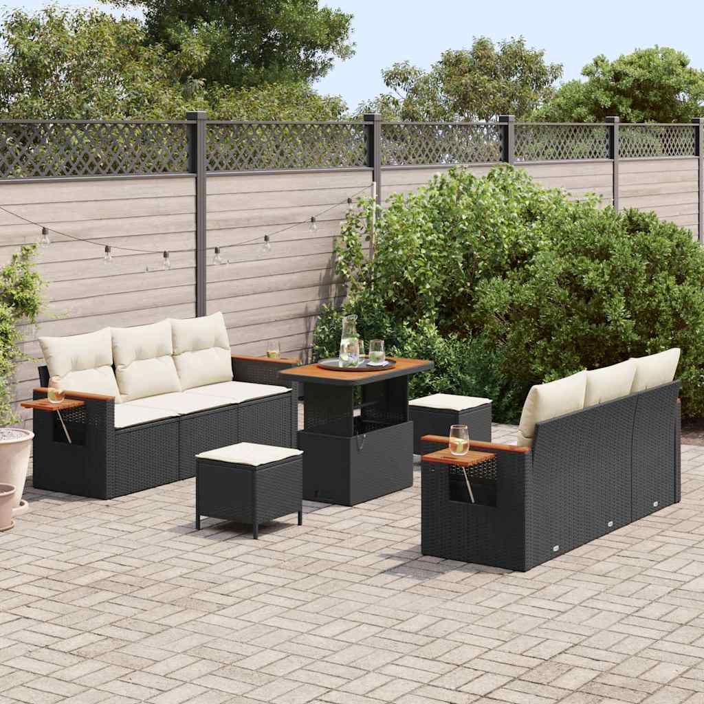Havesofa Sæt med pude med opbevaring 9 pcs Sort Poly rattan