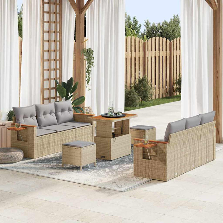 Havesofa Sæt med pude med opbevaring 9 pcs Beige Poly rattan