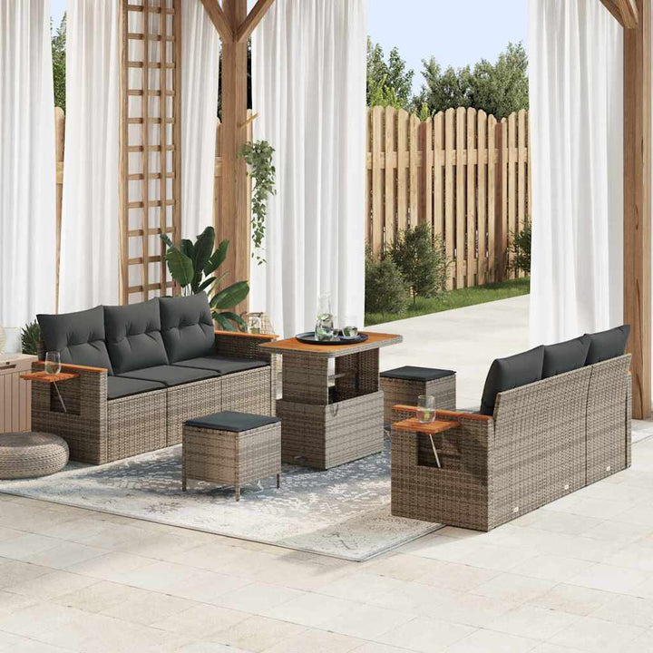 Havesofa Sæt med pude med opbevaring 9 pcs Grå Poly rattan